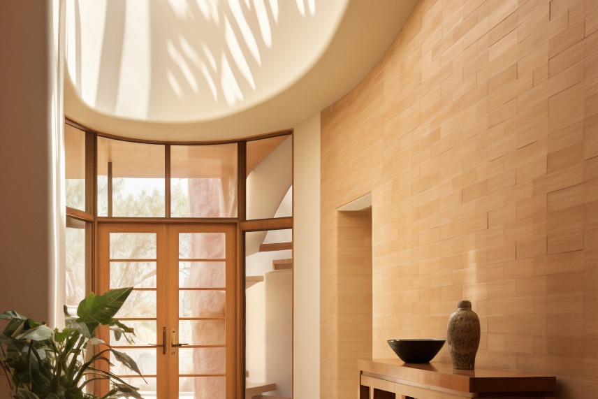 Soft minimalist interior with natural light creating peaceful shadows and gentle spatial depth